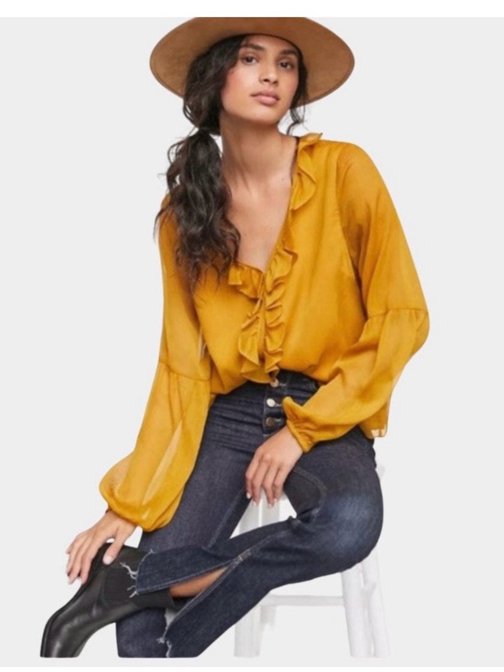Sunday in Brooklyn Mustard Ruffled V-Neck Blouse